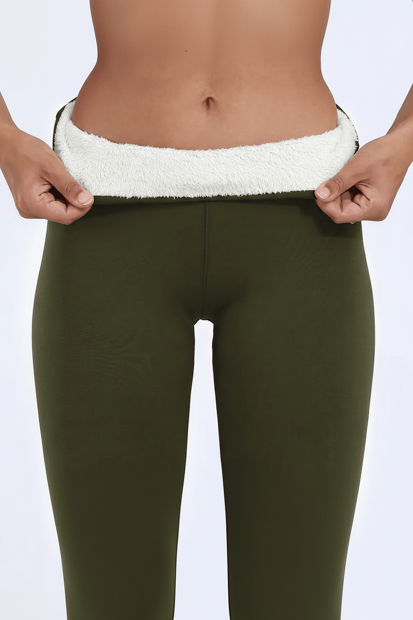 TeddySherpa™ Ultra-Cozy High-Rise Yoga Band Leggings in Green, close-up waist fold-over pull showing plush lining (proof image) C#color_green