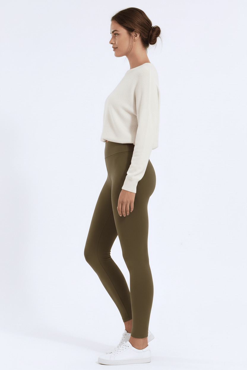 TeddySherpa™ Ultra-Cozy High-Rise Yoga Band Leggings in Cocoa Olive, side view, full-length D#color_cocoa-olive