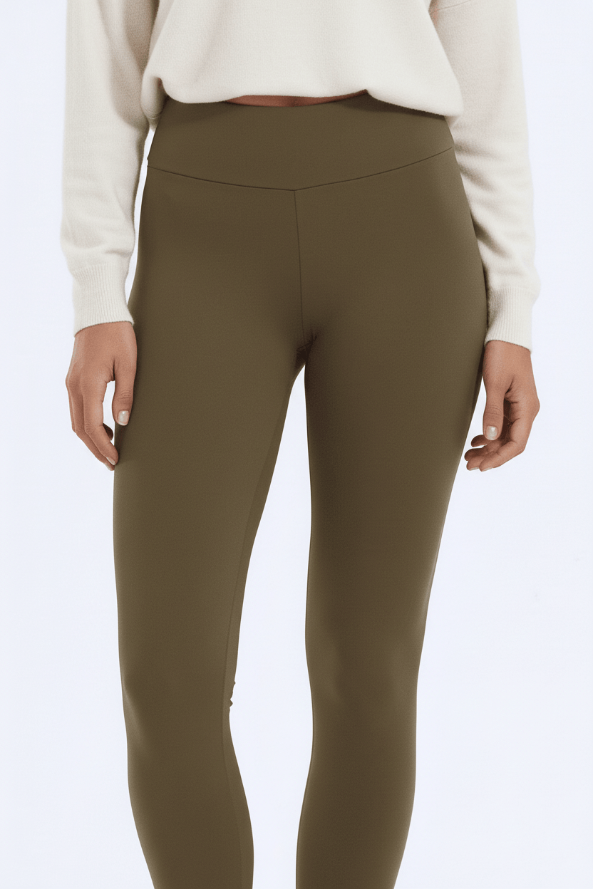 TeddySherpa™ Ultra-Cozy High-Rise Yoga Band Leggings in Cocoa Olive, close-up waistband with tummy/hip area fit F#color_cocoa-olive