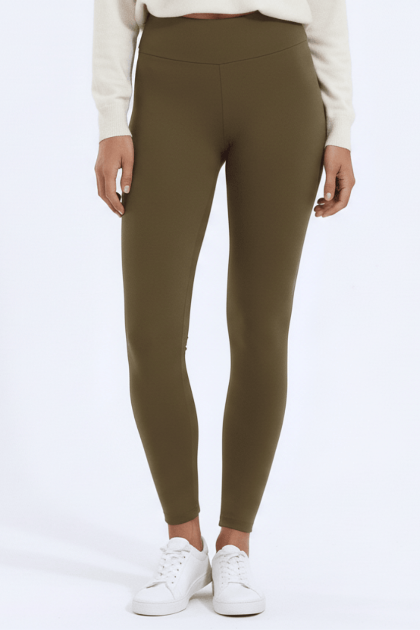 TeddySherpa™ Ultra-Cozy High-Rise Yoga Band Leggings in Cocoa Olive, close-up lower leg/ankle and fabric detail G#color_cocoa-olive