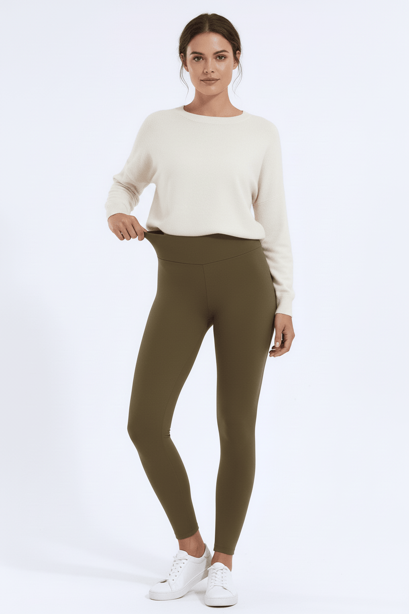 TeddySherpa™ Ultra-Cozy High-Rise Yoga Band Leggings in Cocoa Olive, gentle stretch pose showing comfort H#color_cocoa-olive