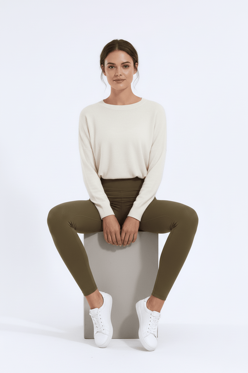 TeddySherpa™ Ultra-Cozy High-Rise Yoga Band Leggings in Cocoa Olive, seated casual pose I#color_cocoa-olive