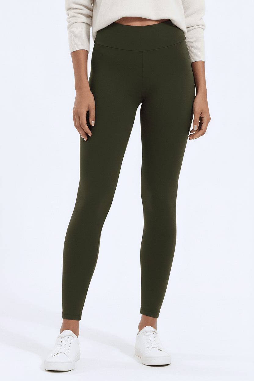 TeddySherpa™ Ultra-Cozy High-Rise Yoga Band Leggings in Green, close-up lower leg/ankle and fabric detail G#color_green