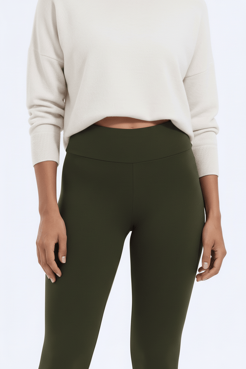 TeddySherpa™ Ultra-Cozy High-Rise Yoga Band Leggings in Green, close-up waistband with tummy/hip area fit F#color_green