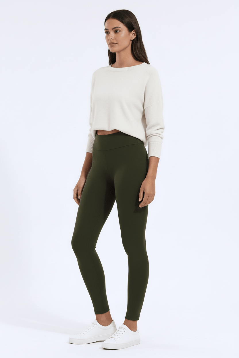 TeddySherpa™ Ultra-Cozy High-Rise Yoga Band Leggings in Green, 3/4 angle, full-length B#color_green