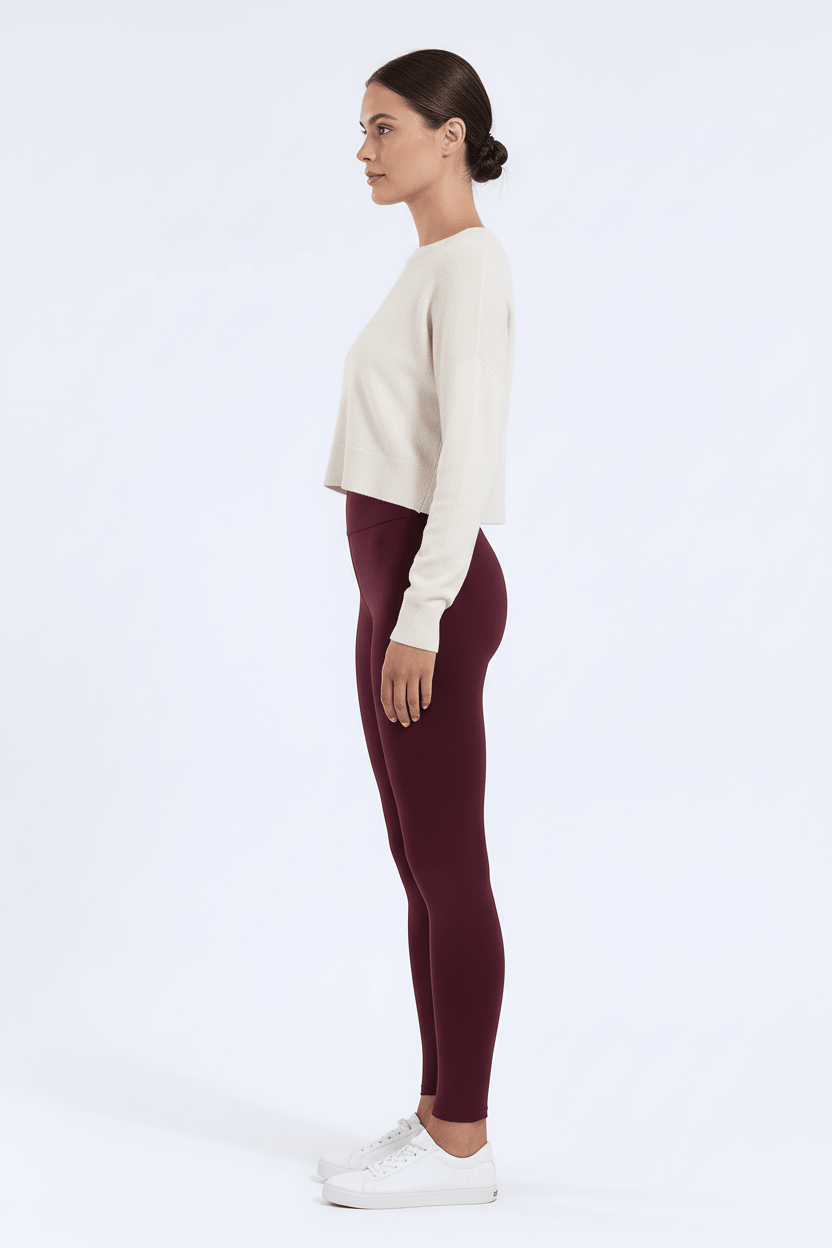TeddySherpa™ Ultra-Cozy High-Rise Yoga Band Leggings in Maroon, side view, full-length D#color_maroon