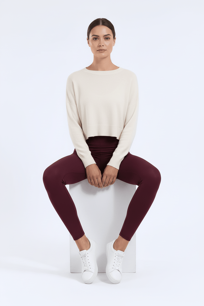 TeddySherpa™ Ultra-Cozy High-Rise Yoga Band Leggings in Maroon, seated casual pose I#color_maroon