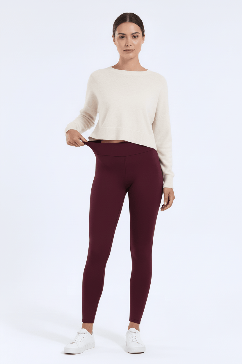 TeddySherpa™ Ultra-Cozy High-Rise Yoga Band Leggings in Maroon, gentle stretch pose showing comfort H#color_maroon