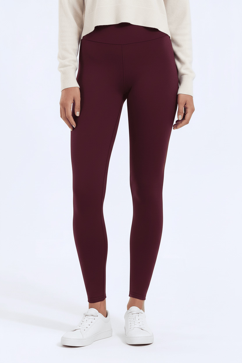 TeddySherpa™ Ultra-Cozy High-Rise Yoga Band Leggings in Maroon, close-up lower leg/ankle and fabric detail G#color_maroon