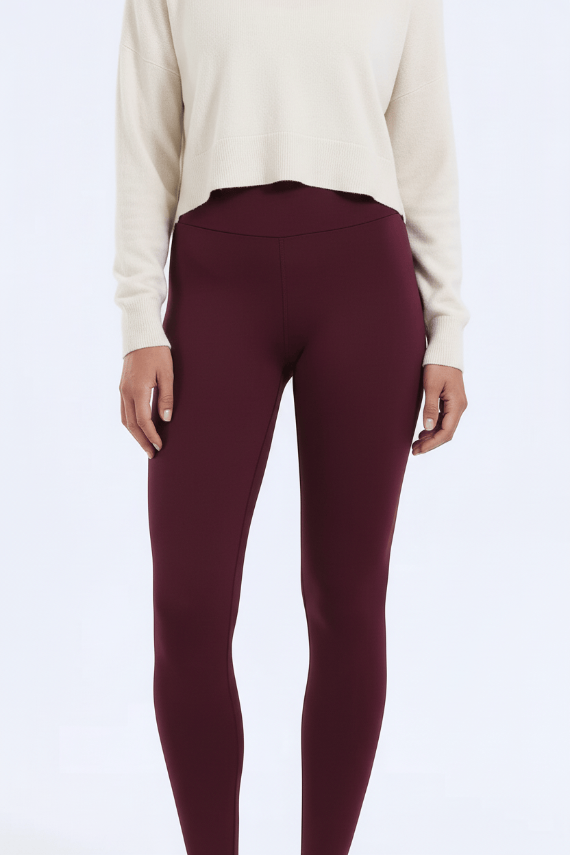 TeddySherpa™ Ultra-Cozy High-Rise Yoga Band Leggings in Maroon, close-up waistband with tummy/hip area fit F#color_maroon