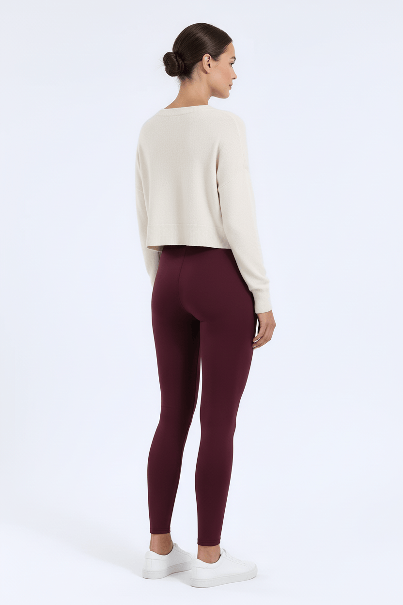 TeddySherpa™ Ultra-Cozy High-Rise Yoga Band Leggings in Maroon, back 3/4 view, full-length E#color_maroon